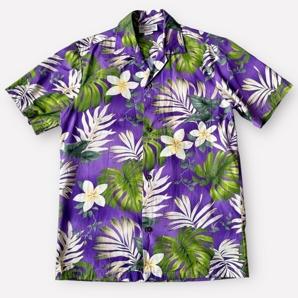 Y2K Hawaiian Print Button Front Shirt Floral Palm Print Purple Cotton Hawaii S - Picture 3 of 11